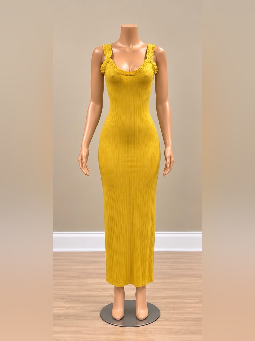 Mustard Yellow Ribbed Ruffle Strap Side Slit Bodycon Maxi Dress